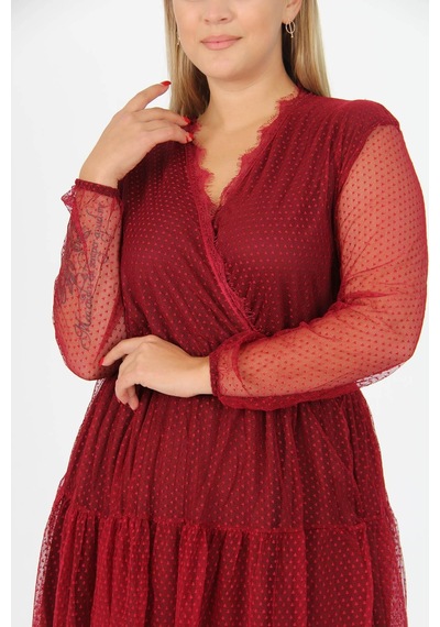 Dip Moda Kadın Astarlı Tül Büyük Beden Elbise Dpapcx14 Bordo