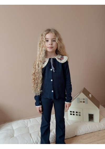 Miniko Kids Kız Çocuk Yaka Dantelli Fitilli Kaşkorse Bayramlık Taytlı Takım Lacivert