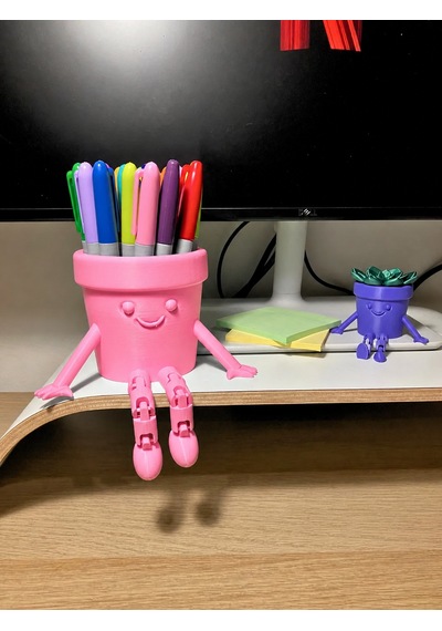 3d Baskı Hareketli Gülen Kalemlik - Eklemli Masaüstü Organizer - Pembe Çok Renkli