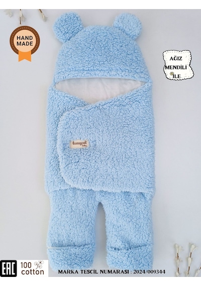 Bebek Dış Kundak Battaniyesi Welsoft Ekstra Uzun Kışlık Peluş Ayakları Açılabilen Uyku Tulumu 0-12ay Mavi
