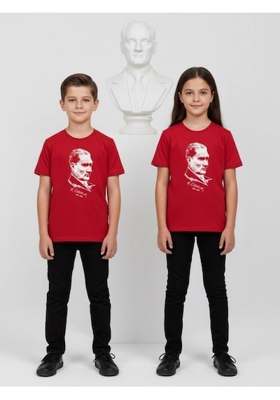 Zekids Çocuk Atatürk Baskılı Yarım Kollu T-shirt-17205 Kırmızı