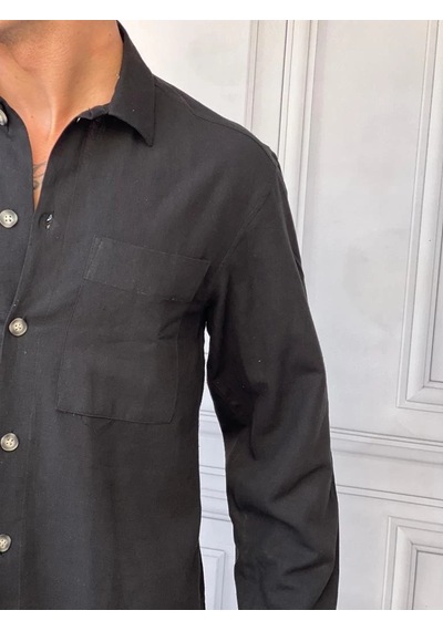 Modefendi Tek Cepli Keten Yazlık Oversize Gömlek Siyah