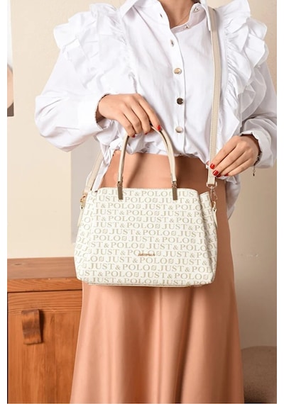 Just Polo Kadın Baskılı Ayarlanabilir Askılı Shopper El & Omuz Çantası Shoulder Bag Krem