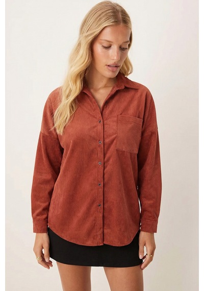 Armonika Kadın Koyu Kiremit Cepli Oversize İnce Fitilli Kadife Gömlek Arm-24k001076 Armonika Kadın Koyu Kiremit Cepli Oversize İnce Fitilli Kadife Gömlek Arm-24k001076