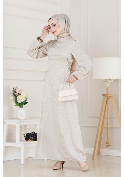Buse Yanı Bağcıklı Saten Abiye-bej-4999