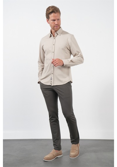 İmza Bej Tulum Yaka Uzun Kol Cepsiz Örme Slim Fit Pamuklu Gömlek 1004260208 Koyu Bej