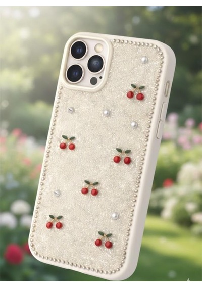 Apple Uyumlu iPhone 13 Pro Kiraz Figürlü Simli İnci Taşlı Lüx Silikon Kılıf Krem