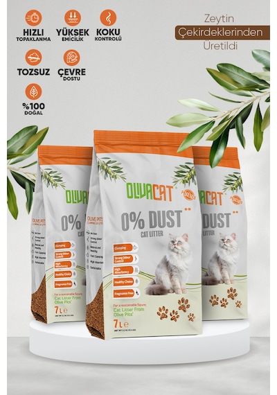 Olivacat Zeytin Çekirdeğinden Üretilen Doğal Tozsuz Kedi Kumu 3 x 7 L