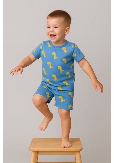 Aden Kids Dinazor Baskılı Yazlık Pijama Takımı Buz Mavisi