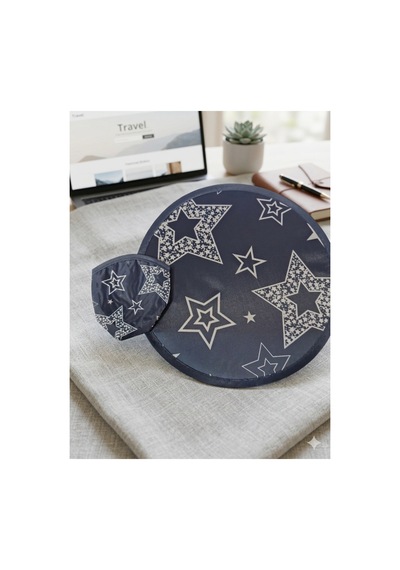 Star Desenli Katlanabilir Yuvarlak Yazlık Taşınabilir Çantalı El Yelpazesi 25cm