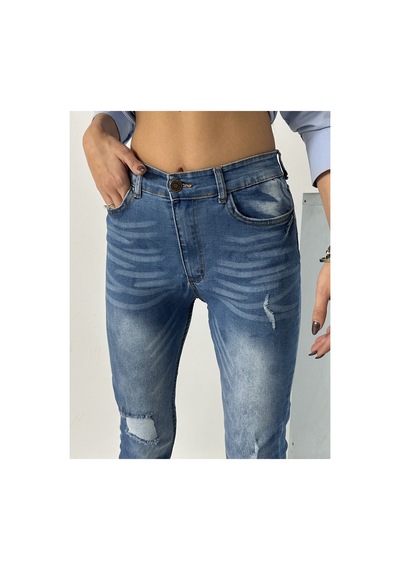Blue Marlın Kadın Lazer Yırtık Mavi İşlemli Kot Dar Paça Pantolon Jeans Lacivert
