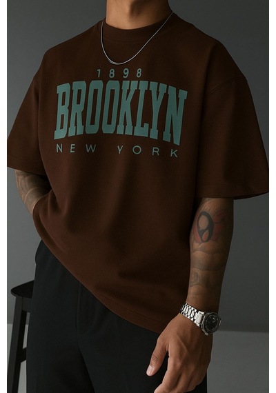 Brooklyn Baskılı Unisex Tshırt 3q2 Kahverengi