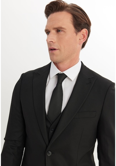 AC&Co / Altınyıldız Classics Erkek Sıyah Slim Fit Dar Kesim Kırlangıç Yaka Kapak Cepli Yelekli Takım Elbise Siyah
