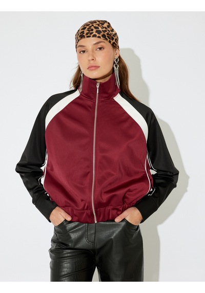 Koton Koton X İnji - Fermuarlı Dik Yaka Renk Bloklu Rahat Kalıp Sweatshirt Bordo 5wal10673ık Bordo