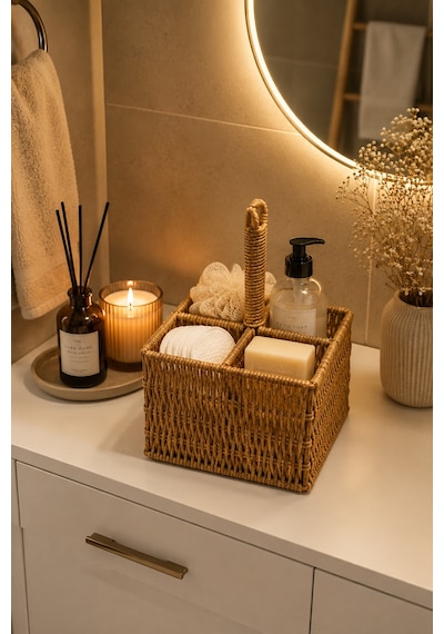 Porsima Dhz07349 Dekoratif Doğal Hasır 4 Bölmeli Banyo Mutfak Organizeri Banyo Mutfak Düzenleyici 15x15x11,5cm Diğer