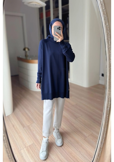 Kahijab Yan Fermuar Basic Merserize Tunik - Lacivert