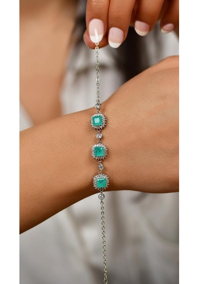Roza Silver Paraiba Taşlı Rodyum Kare Anturaj Gümüş Bileklik