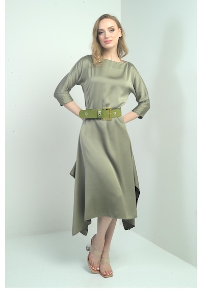 By Saygı Kadın Çeyrek Kollu Beli Kemerli Asimetrik Krep Saten Midi Elbise-40625 Olive