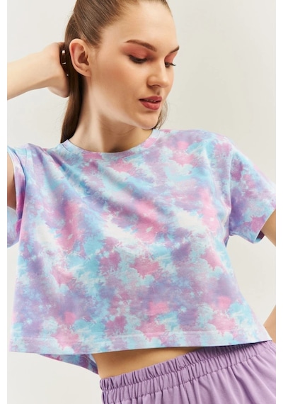 Kadın Rahat %100 Pamuklu Penye Bisiklet Yaka Kısa Kol Basic Crop T-shirt Batik Aqua