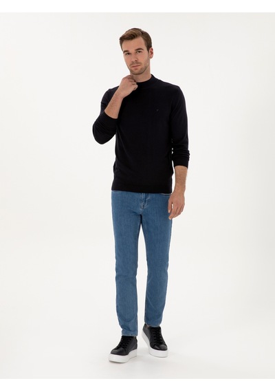 Cacharel Lacivert Slim Fit Pamuk Karışımlı Çeyrek Balıkçı Yaka Basic Triko Kazak