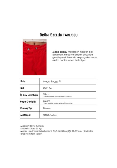 Kadın Kırmızı 6s6-19 Mega Baggy Fit Kemer Detaylı Denim Jean