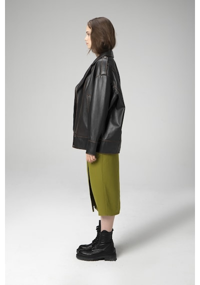 Siyah/taba Dericlub Wm019 Oversize Biker Hakiki Deri Kadın Mont