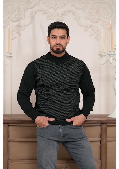 Woolen World Balıkçı Yaka Desenli Yünlü Erkek Triko Kazak Siyah
