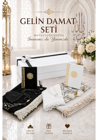 Gelin Damat Kadife Kaplı Kuranı Kerim Seccade Tesbih Takke Namaz Örtüsü Esans Ve Kutulu İslami Hediye Seti - Siyah Beyaz
