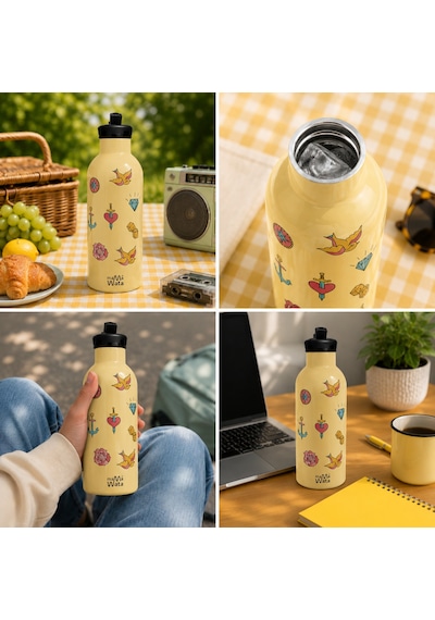 Mamawata Tattoo Pipetli Çocuk Termos Matara 470 Ml Paslanmaz Çelik Sızdırmaz Yalıtımlı Suluk Krem