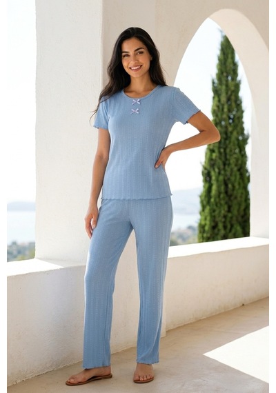 Mataş Kadın Bambu Viskon Transfer Ribana Kısa Kollu Düğmeli Biyeli Soft Örme Pijama Takımı Mavi