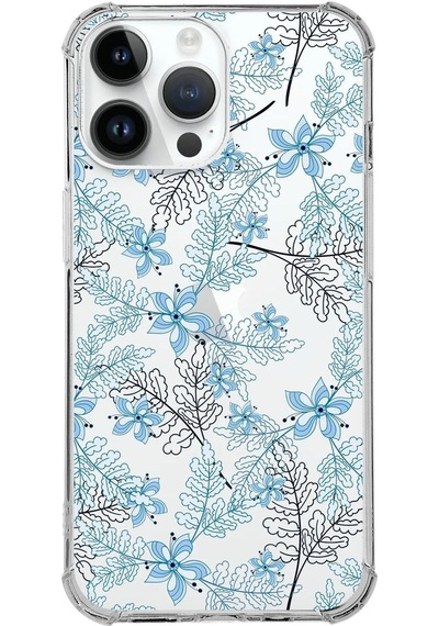 Apple Uyumlu iPhone 14 Pro Max Köşe Korumalı Antişok Kapak Floral Mavi Tasarımlı Şeffaf Kılıf