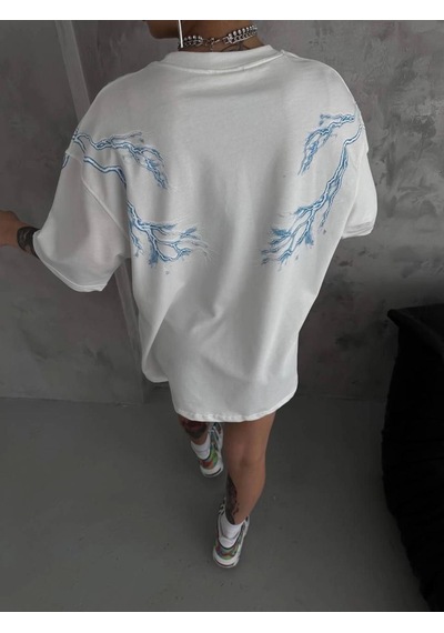 Kadın Tişort Bisiklet Yaka Yıldırım Şimşek Baskılı Kısa Kol T-shirt - Beyaz