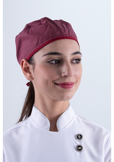 Chef Bone Kep Aşçı Şef Şapkası Kare Desenli Bordo Çok Renkli