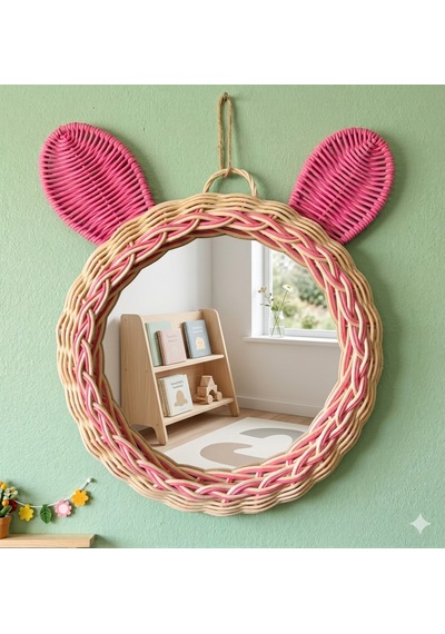 El Örgüsü Çocuk Odası Aynası- Rattan Pembe Kulaklı Dekoratif Ayna
