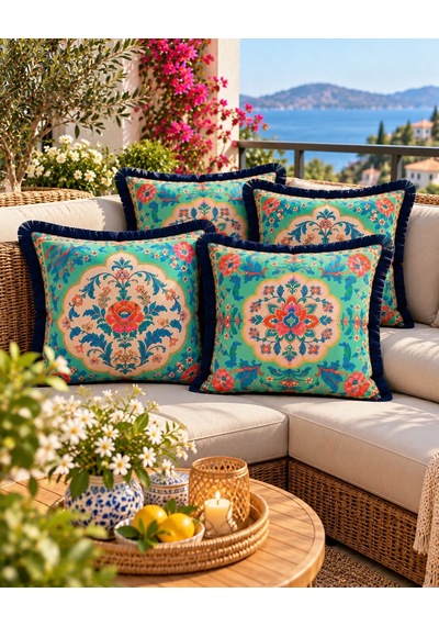 Oriental Bloom Çiçek Desenli 4 Lü Saçaklı Kırlent Kılıfı 45 x 45
