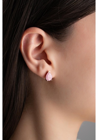 925 Ayar Gümüş Pembe Taşlı Damla Model Küpe Pembe Altın