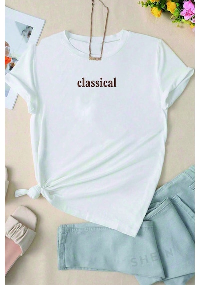 Unisex Classical Baskılı Oversize Tshirt Beyaz