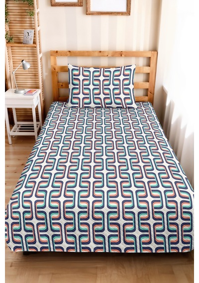 Lacivert Geometrik Genç Odası Tek Kişilik Pike Takımı - Mint Somon Retro 160x220 Cm Yatak Örtüsü Doğal Çayır Baharı