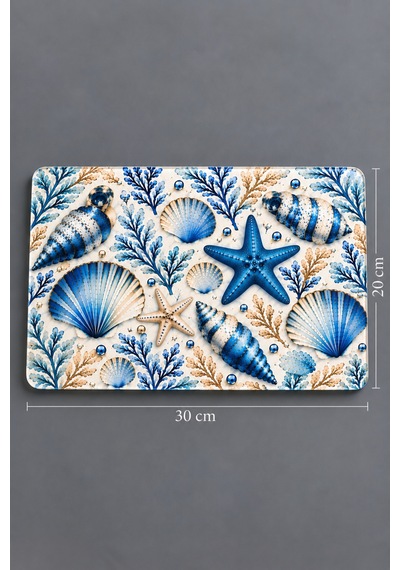 Gökçeoğlu Cam Kesme Tahtası Mavi Deniz Kabukları Temalı - Cam Kesme Tablası 20cm X 30cm Çok Renkli
