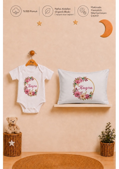 Pia Baby İsme Özel Kız Bebek Hediyesi %100 Pamuk Organik Baskılı Body Yastık Kılıfı Ve Ham Bez Kıyafet Kesesi 1072byk0x Ekru