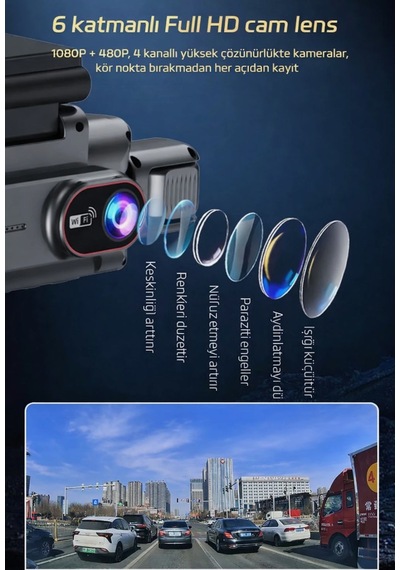 4 Kameralı 360 Döngüsel Kayıt Full Hd 1080p Araç İçi Kamera - Wifi Cam, Park Modlu, Gece Görüşlü Wdr Teknolojisi Ve Yol Kayıt Cihazı
