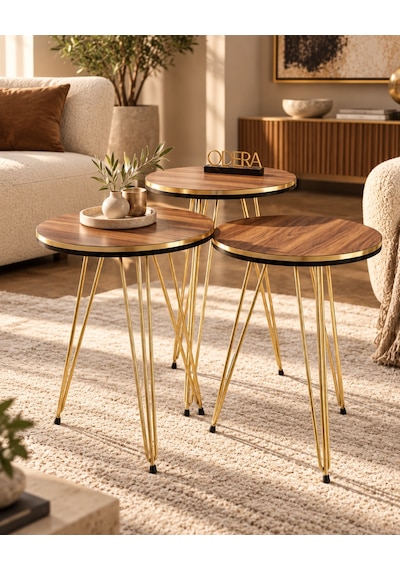 Odera Çift Ceviz Yuvarlak Zigon Sehpa 3'lü Set Metal Tel Ayaklı Modern Retro Salon Sehpası Diğer