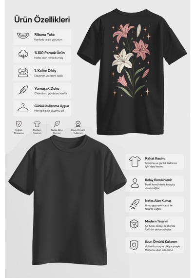 Spoyi Soft Lily Tasarımlı %100 Pamuk Yarım Oversize Siyah T-shirt