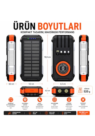 Ultratekno Fc-30 Solar Powerbank 30000 Mah 22.5w Hızlı Şarj 15w Kablosuz Şarj Güneş Panelli Led Fenerli Powerbank Siyah