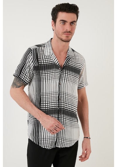 Buratti Regular Fit Kısa Kollu Apaş Yaka Desenli Erkek Gömlek Cf21S114293 Ekru-Siyah