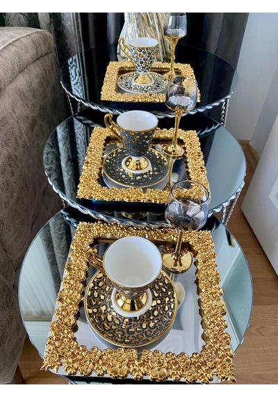Atabey Home Collection 4 Adet Kahve & Çay & Sunum Tepsisi Metal Döküm Full Döküm Model