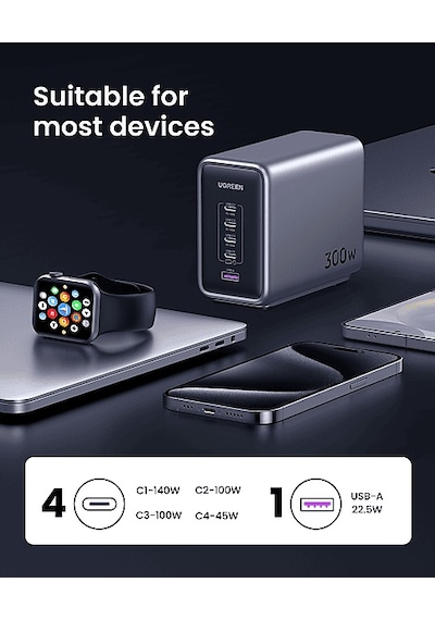 Ugreen Nexode 4XUSB-C 1XUSB-A 300W Gan 5 Portlu Hızlı Şarj Cihazı İstasyonu