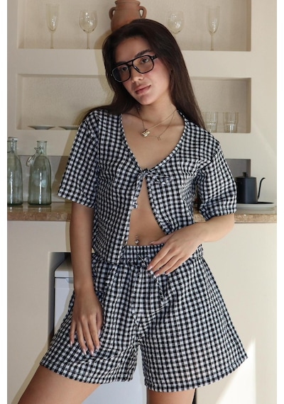Madmext Siyah Pötikareli Şort Bluz Takım Mg2373