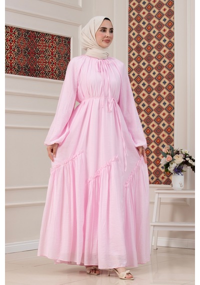 Sevitli Eteği Büzgü Detaylı Mira Tesettür Elbise-pembe-5736