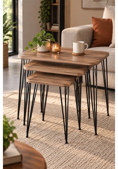 Sulorahome Ceviz Desenli Metal Tel Ayaklı 3'lü Zigon Sehpa Takımı